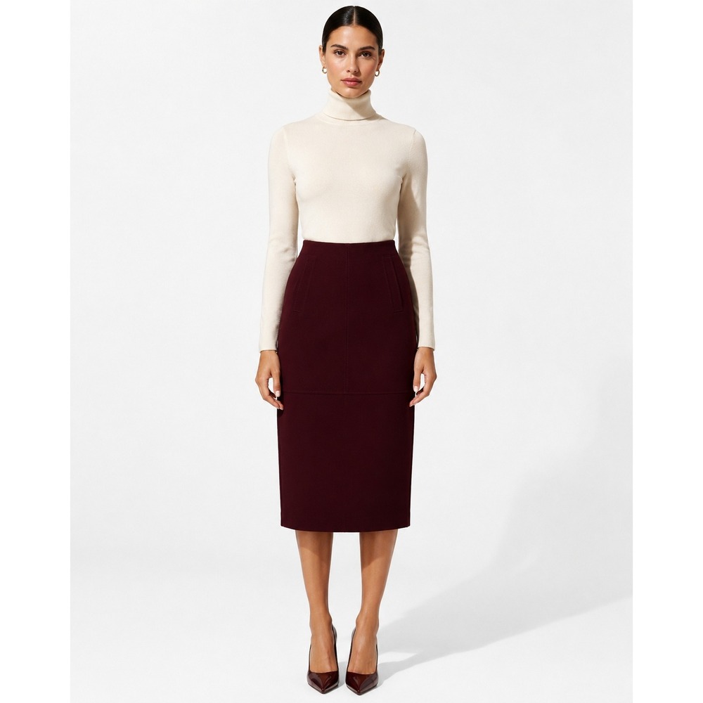 Margon Italy Virgin Wool Midi Skirt Burgundy High Waist Button Back Pleat 46